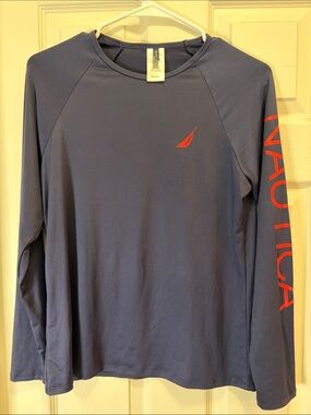 Nautica Navy Long Sleeve Tee with Red Logo and Sleeve Script SPF Protection